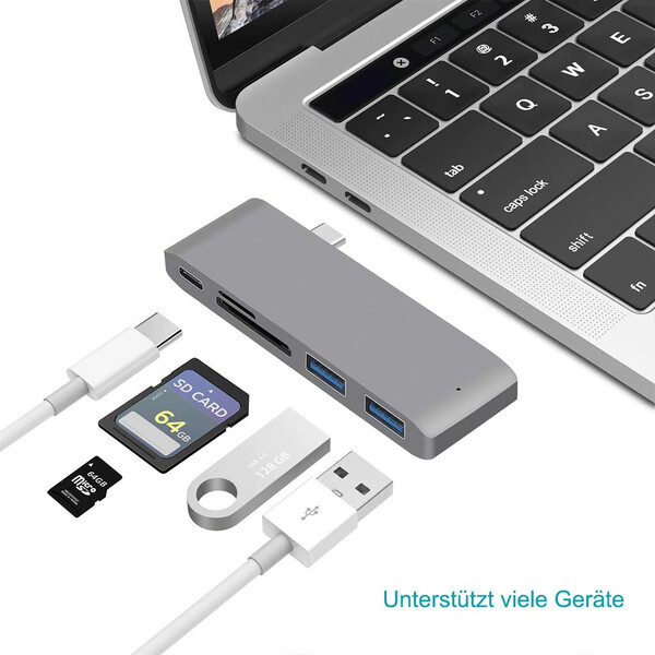 5in1 HighSpeed-Hub 3.0 TPC mit USB u. Medien-Slots für Apple Macbooks