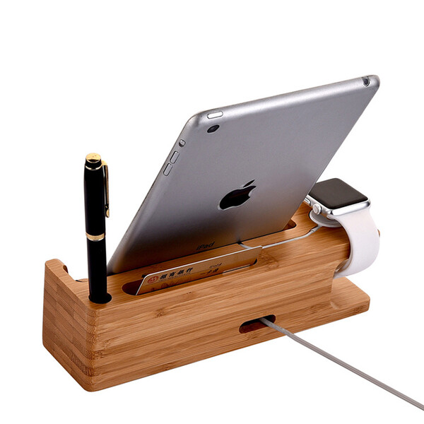Smartphone-Organizer mit Kabelkanal für Apple-Watch aus Holz