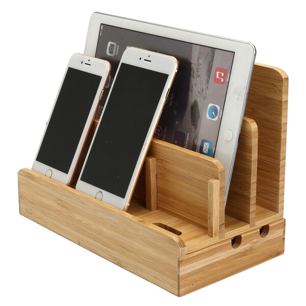 Smartphone- und Tablet-Organizer aus Bambus inkl. Kabelversteck