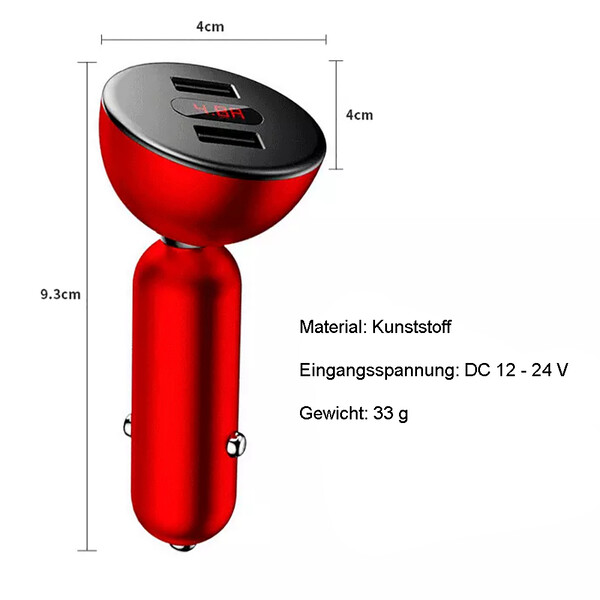 KFZ Ladegerät mit Display Rot mit 1m Micro USB Kabel