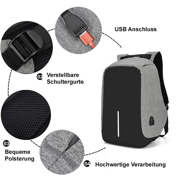 Wasserdichter Rucksack für Elektronikgeräte Schwarz mit 1m Micro USB Kabel