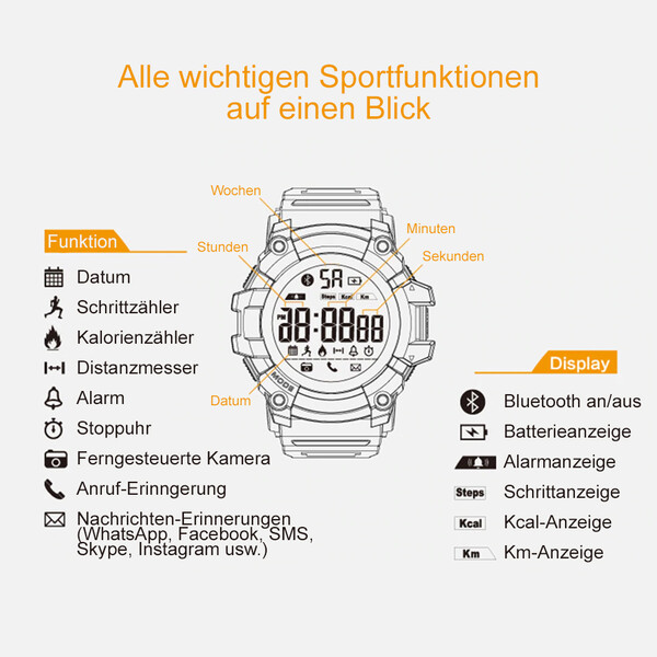 Wasserdichte Smartwatch mit Fitnesstracker und Bluetooth Schwarz