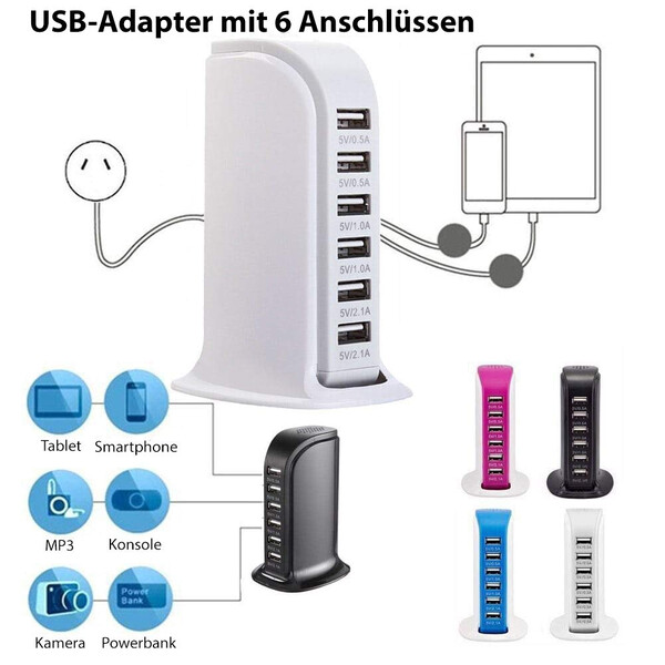 6-Port USB-Lade-Adapter Pink mit 1m Micro USB Kabel