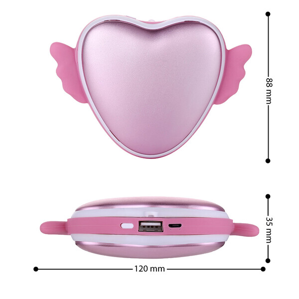 3500 mAh Kleine Powerbank in Herzform mit Handwärmer und Flügel Pink mit 1m Micro USB Kabel