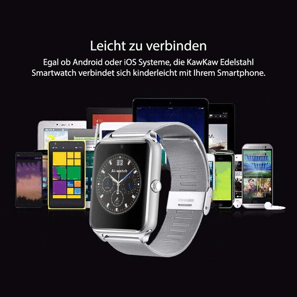 Edelstahl-Smartwatch mit Kamera Schwarz