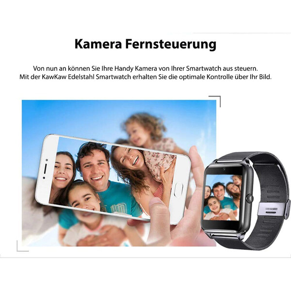 Edelstahl-Smartwatch mit Kamera Schwarz mit 32GB Micro SD Karte