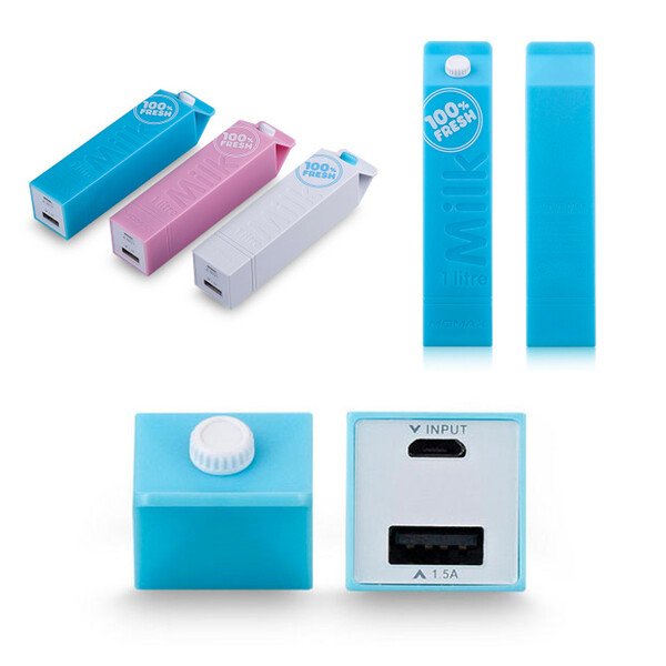 2600mAh Mini Powerbank Milch Karton in Weiß mit 1m Micro USB Kabel