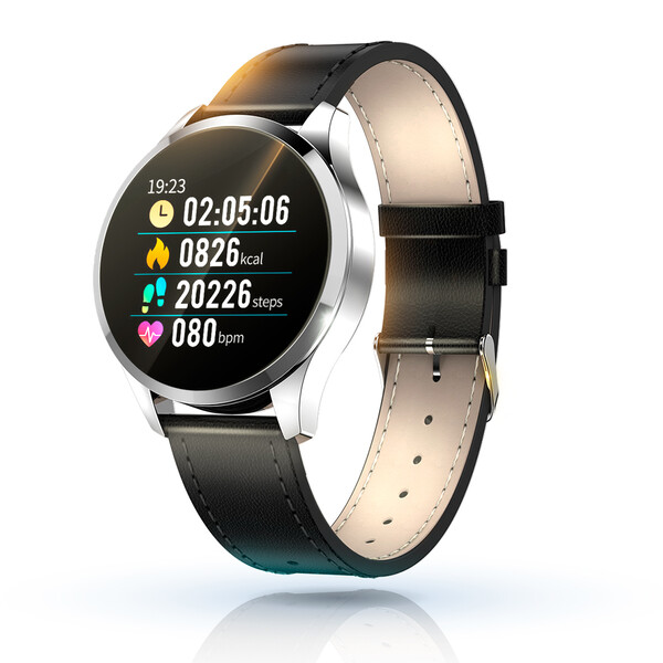 Q9 Fitness Smartwatch in Silber mit schwarzem Lederarmband