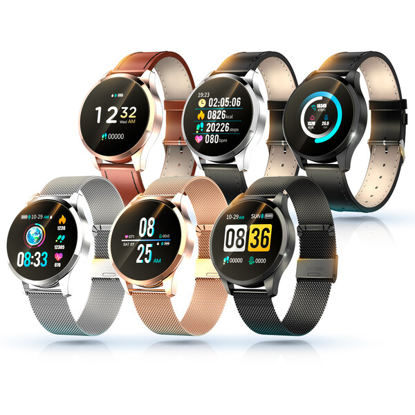 Q9 Fitness Smartwatch in Gold mit braunem Lederarmband