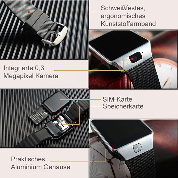 DZ09 Smartwatch mit Kamera Schwarz mit schwarzem Armband