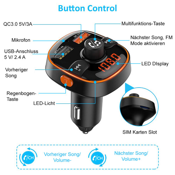 Bluetooth FM Transmitter mit Schnellladefunktion + 1m Micro USB Kabel